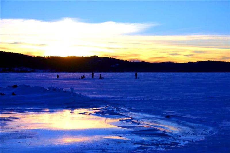 Ice Fishing on Georgetown Lake at Sunset